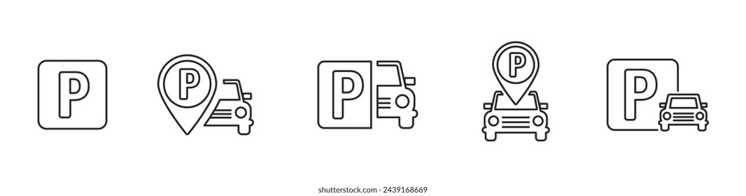 Parking icon set. Parking and traffic signs isolated on white background. Parking and car road sign and pin marker icon. Car parking icon. Vector illustration.