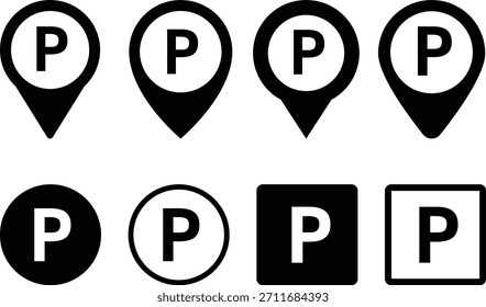 Parking Icon Set. Vehicle Navigation and Smart Parking Symbols. Urban Travel, Car Park, and Transportation Symbol Collection