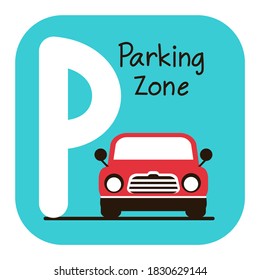 Parking icon symbol and hand writing isolated on white background vector illustration. cute cartoon style.