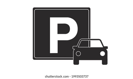 Icono de estacionamiento. Ilustración negra plana aislada del vector con una señal de estacionamiento con un coche