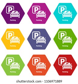 Parking icons 9 set coloful isolated on white for web
