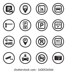 Parking Icons. Black Flat Design In Circle. Vector Illustration.