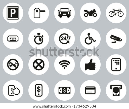 Parking Or Parking Lot Icons Black & White Flat Design Circle Set Big