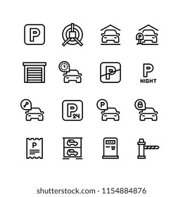 Parking icons. Car garage and parking line vector symbols. Automobile service park, zone place parking illustration