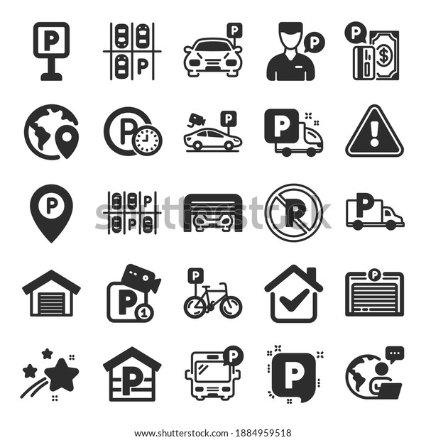 Parking icons. Car garage, Valet servant and Paid\
transport parking icons. Video monitoring, Bike or Car park and\
Truck or Bus transport garage. Money payment, Map pointer and Free\
park. Vector