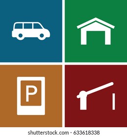 Parking icons set. set of 4 parking filled icons such as parking, garage, barrier