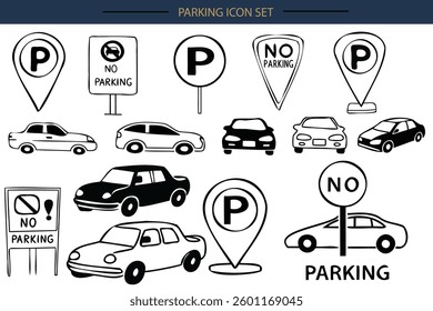 Parking Icons Set – Black and White Parking Symbols with Car Silhouettes 
