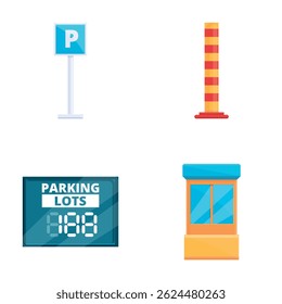Parking lot icons set cartoon vector. Urban car parking equipment. Transport infrastructure