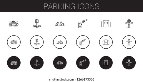 parking icons set. Collection of parking with taxi, hangar, parking meter. Editable and scalable parking icons.