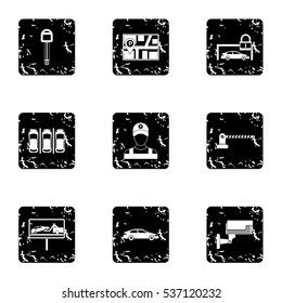Parking icons set. Grunge illustration of 9 parking vector icons for web