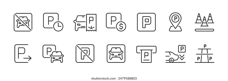 Parking icons set. Paid parking, place, sign, marking and more. Vector.