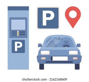 Parking icons set. Parking sign, car and parking meter with authorized ticket machine. Vector flat illustration 