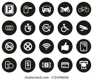 Parking Or Parking Lot Icons White On Black Flat Design Circle Set Big