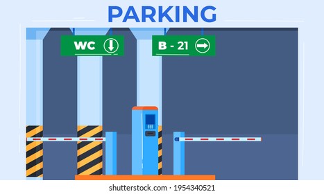 Parking inscription, safe place for vehicle storage, underground garage entrance, design cartoon style vector illustration.