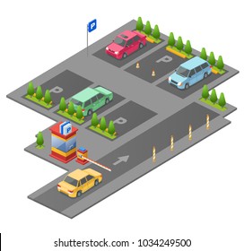 Parking lot isometric 3D vector illustration for construction design. Isolated section outdoor parking and checkpoint control barrier with parkomat and direction arrows marking