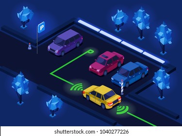 Parking Lot Isometric 3D Vector Illustration Of Night City Car Parking With Illumination Technology. Isometric Cars On Outdoor Parking With Smart Navigation Light Control And Direction Marking