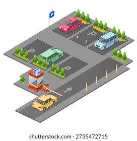 Parking lot isometric 3D vector illustration for construction design. Isolated section outdoor parking and checkpoint control barrier with parkomat and direction arrows marking