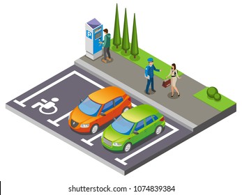 Parking isometric composition cars in the parking lot and driver communicates with parking officer vector illustration