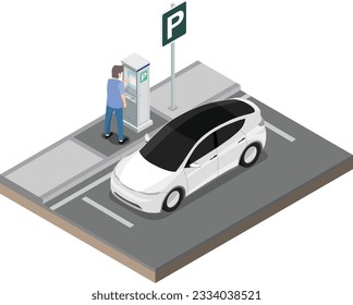 Parking Isometric Composition, Man pay parking free at machine
