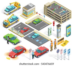 Parking isometric elements set with cars policeman building stealing evacuator roadsigns charging station ticket isolated vector illustration