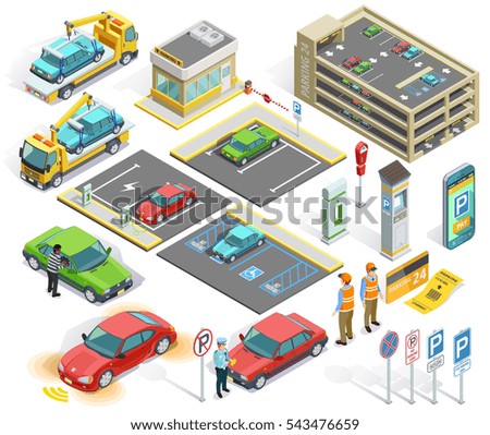 Parking isometric elements set with cars policeman building stealing evacuator roadsigns charging station ticket isolated vector illustration
