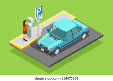 Parking isometric template with car roadsign and woman paying for place isolated vector illustration