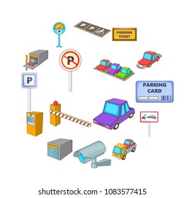 Parking items icons set. Cartoon illustration of 16 parking items vector icons for web