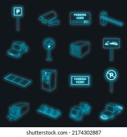 Parking items icons set. Illustration of 16 parking items vector icons neon color on black