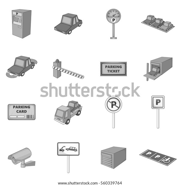 Parking items icons set in monochrome style\
isolated on white\
background