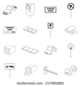 Los elementos de estacionamiento establecen iconos en el estilo de contorno aislados en el fondo blanco