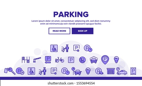 Parking Landing Web Page Header Banner Template Vector. Parking Service Sign And GPS Mark, Garage With Car And Bicycle, Key And Park Place Illustration