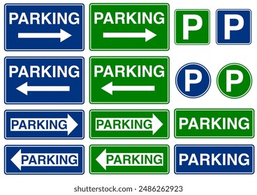 Parking left and right sign set blue and green vector isolated on white background . Parking sign  direction rectangular and circular