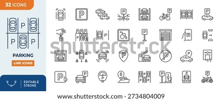 Parking line editable icon set. Contain icons related to parking, parking signs, parking area, and more. editable stroke. Vector illustration