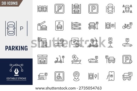 Parking line editable icon set. Icons related to parking, parking signs, parking area, and more. Outline icon with Editable stroke. Vector illustration
