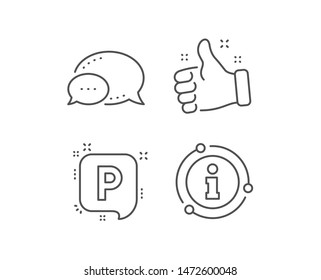 Parking line icon. Chat bubble, info sign elements. Car park speech bubble sign. Transport place symbol. Linear parking outline icon. Information bubble. Vector