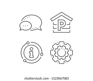 Parking line icon. Chat bubble, info sign elements. Car park sign. Transport place garage symbol. Linear parking outline icon. Information bubble. Vector