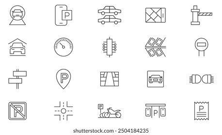 Parking line icon collection. Garage, paid parking, lift, automobile and car parking icon set. UI outline icons pack