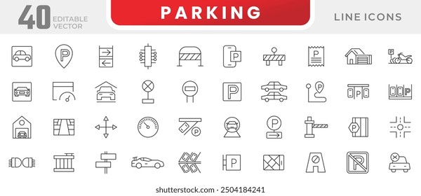 Parking line icon collection. Garage, paid parking, lift, automobile and car parking icon set. UI outline icons pack