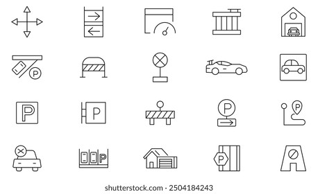 Parking line icon collection. Garage, paid parking, lift, automobile and car parking icon set. UI outline icons pack