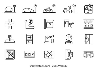 Parking line icon collection. Garage, paid parking, lift, automobile and car parking icon set. UI outline icons pack