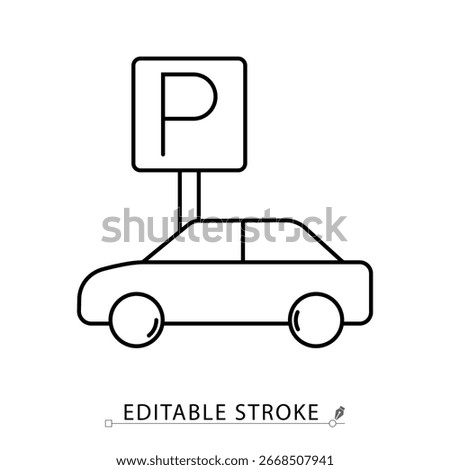Parking line icon with editable stroke. Vector outline of car with parking sign. Minimalist symbol for hotel, urban service, transportation, vehicle area, travel and city concept.