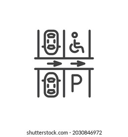 Icono de línea de lote de estacionamiento. signo de estilo lineal para concepto móvil y diseño web. Icono del vector de contorno de la zona de estacionamiento del automóvil. Símbolo, ilustración del logotipo. Gráficos vectoriales