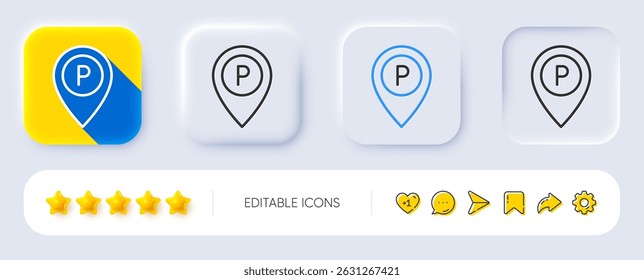 Parking line icon. Neumorphic, Flat shadow, 3d buttons. Location map pointer sign. Car park symbol. Line parking icon. Social media icons. Vector