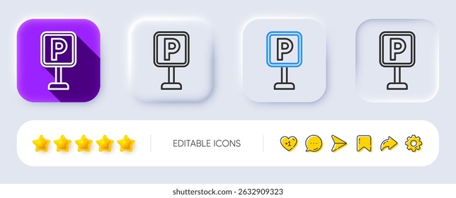 Parking line icon. Neumorphic, Flat shadow, 3d buttons. Car park sign. Transport place symbol. Line parking icon. Social media icons. Vector
