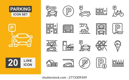 Parking line icon set. Car Parking, Parking Area, Parking Sign and more line icon.