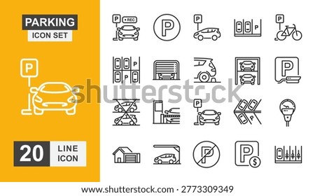 Parking line icon set. Car Parking, Parking Area, Parking Sign and more line icon.