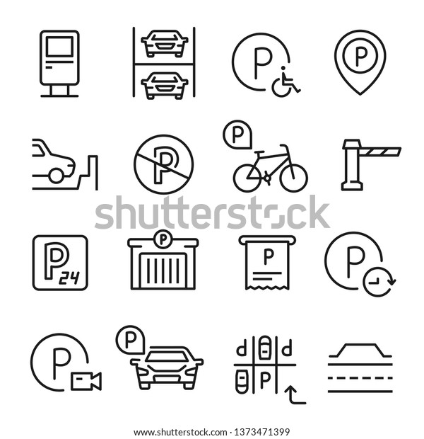 Parking line icon set, place to leave a\
vehicle. Auto zone and automobile service. Vector parking signs\
illustration isolated on white\
background