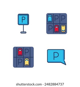 Conjunto de iconos de la línea de estacionamiento. Señalización vial y plazas de aparcamiento para coches. Concepto de aparcamiento. Ilustración vectorial para Diseños web y App