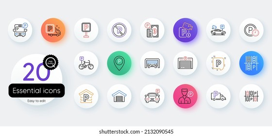 Parking Line Icons. Bicolor Outline Web Elements. Car Garage, Valet Servant And Paid Transport Parking Icons. Video Monitoring, Bike Or Car Park And Truck Or Bus Transport Garage. Vector