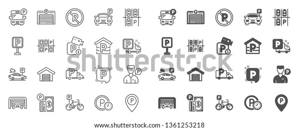 Parking line icons. Car garage, Valet servant and\
Paid transport parking icons. Video monitoring, Bike or Car park\
and Truck or Bus transport garage. Money payment, Map pointer and\
Free park. Vector